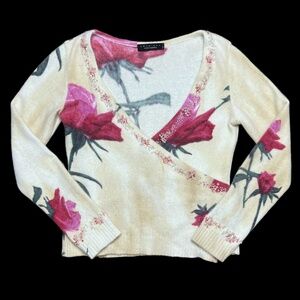 Twin- Set Simon's Barbieri Cream with Red Roses Soft V-Neck Sweater Size L